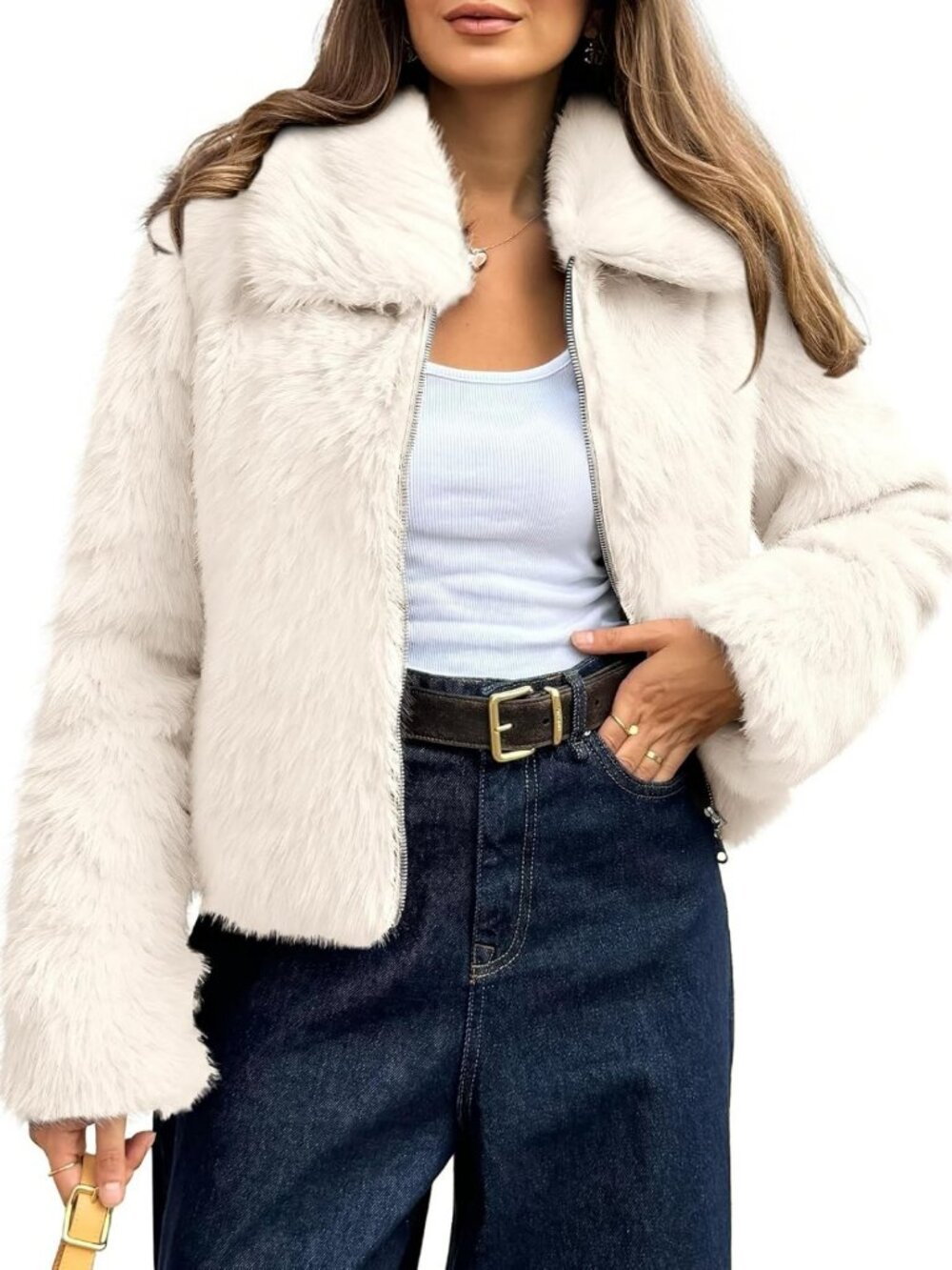 Cozy Faux Fur Zip-Up Cropped Coat for Women - Stylish Winter & Fall Jacket